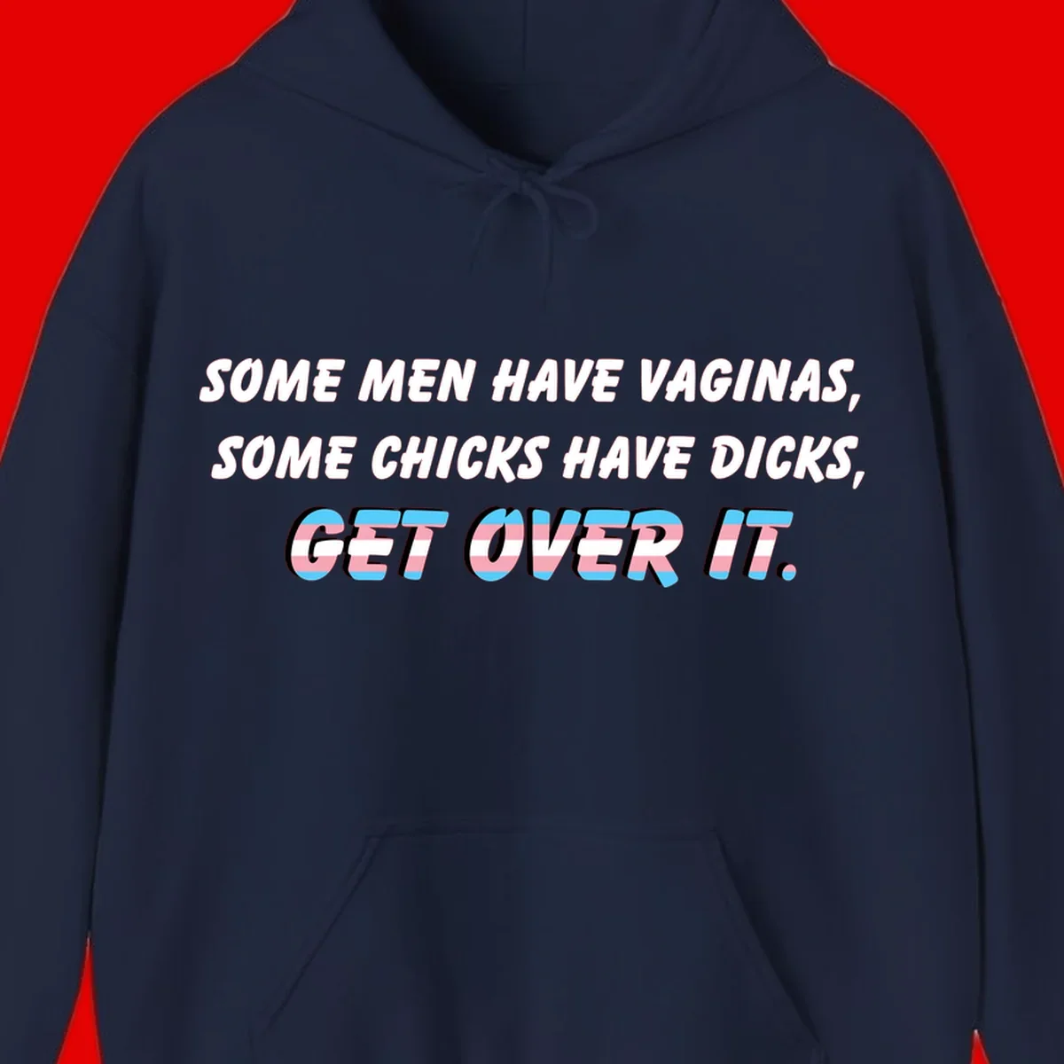 Get over it trans pride design with white text on gray background and trans flag colors in final phrase