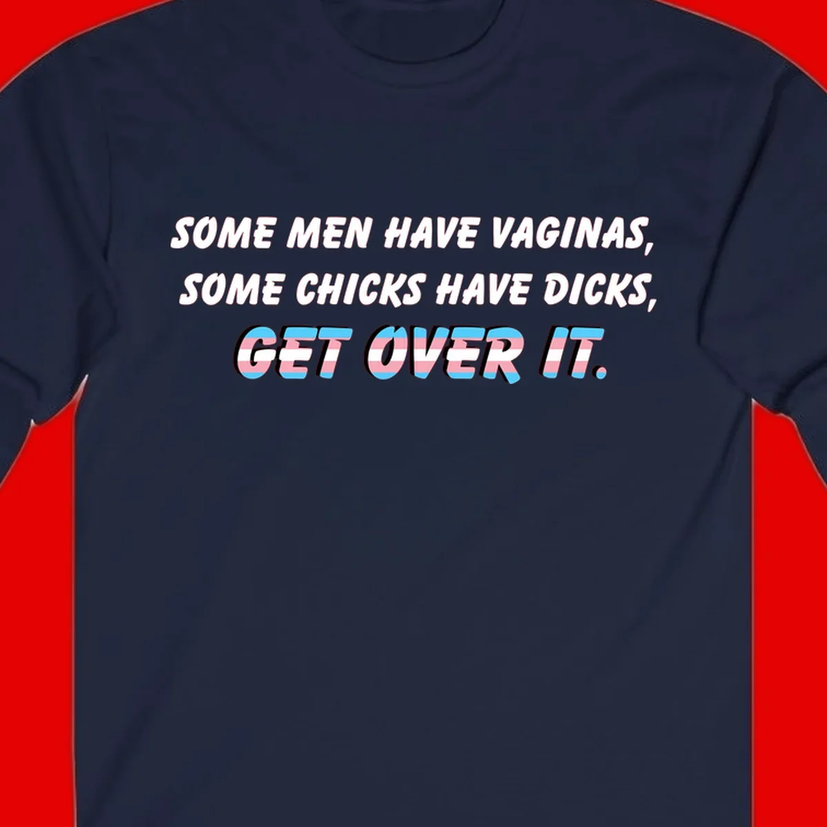 Get over it trans pride design with white text on gray background and trans flag colors in final phrase