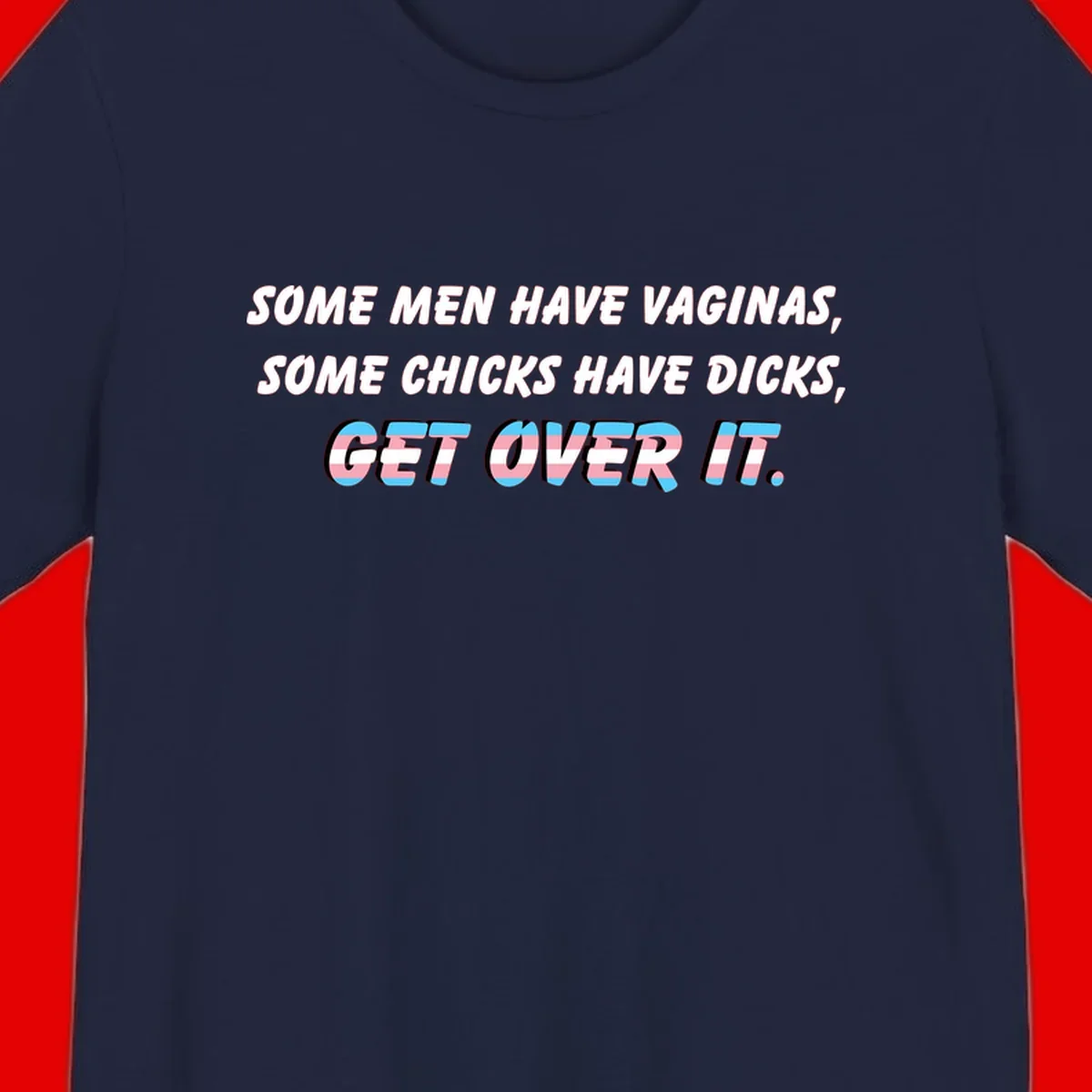 Get over it trans pride design with white text on gray background and trans flag colors in final phrase