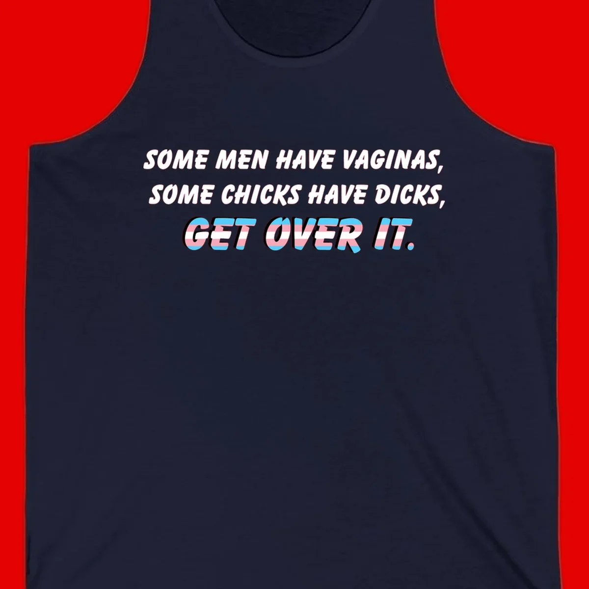 Get over it trans pride design with white text on gray background and trans flag colors in final phrase