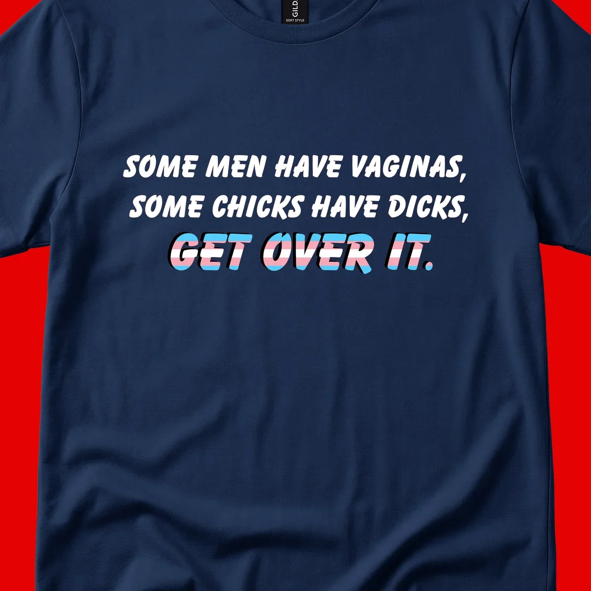 Get over it trans pride design with white text on gray background and trans flag colors in final phrase