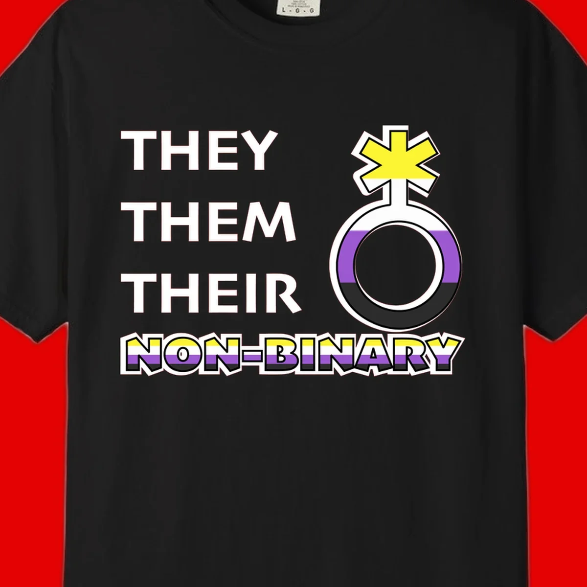 They/Them/Their Non-Binary Pride design featuring a female symbol in non-binary flag colors with bold text pronouns