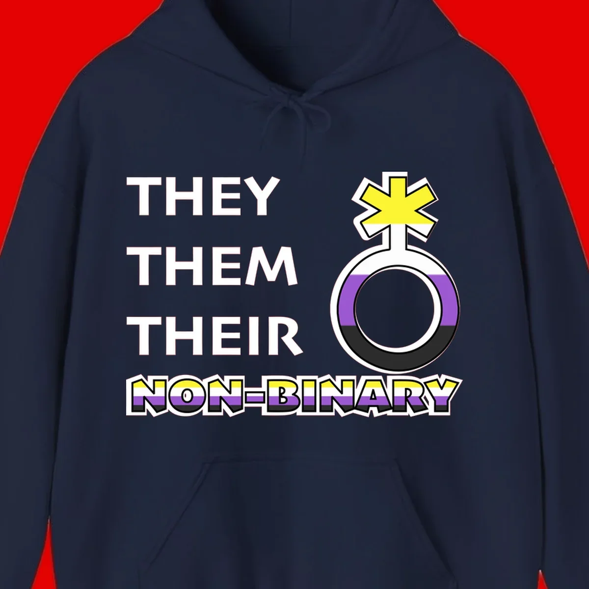 They/Them/Their Non-Binary Pride design featuring a female symbol in non-binary flag colors with bold text pronouns
