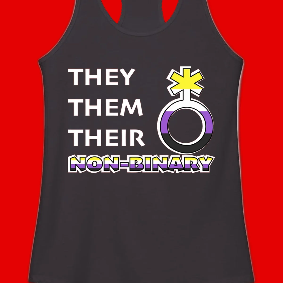 They/Them/Their Non-Binary Pride design featuring a female symbol in non-binary flag colors with bold text pronouns