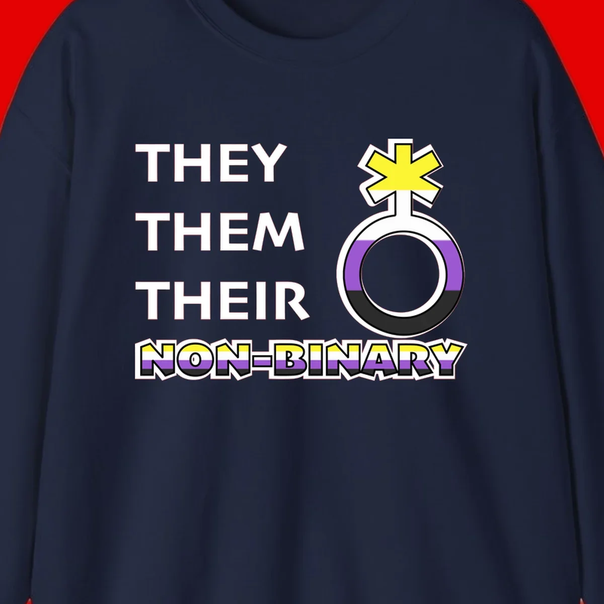 They/Them/Their Non-Binary Pride design featuring a female symbol in non-binary flag colors with bold text pronouns