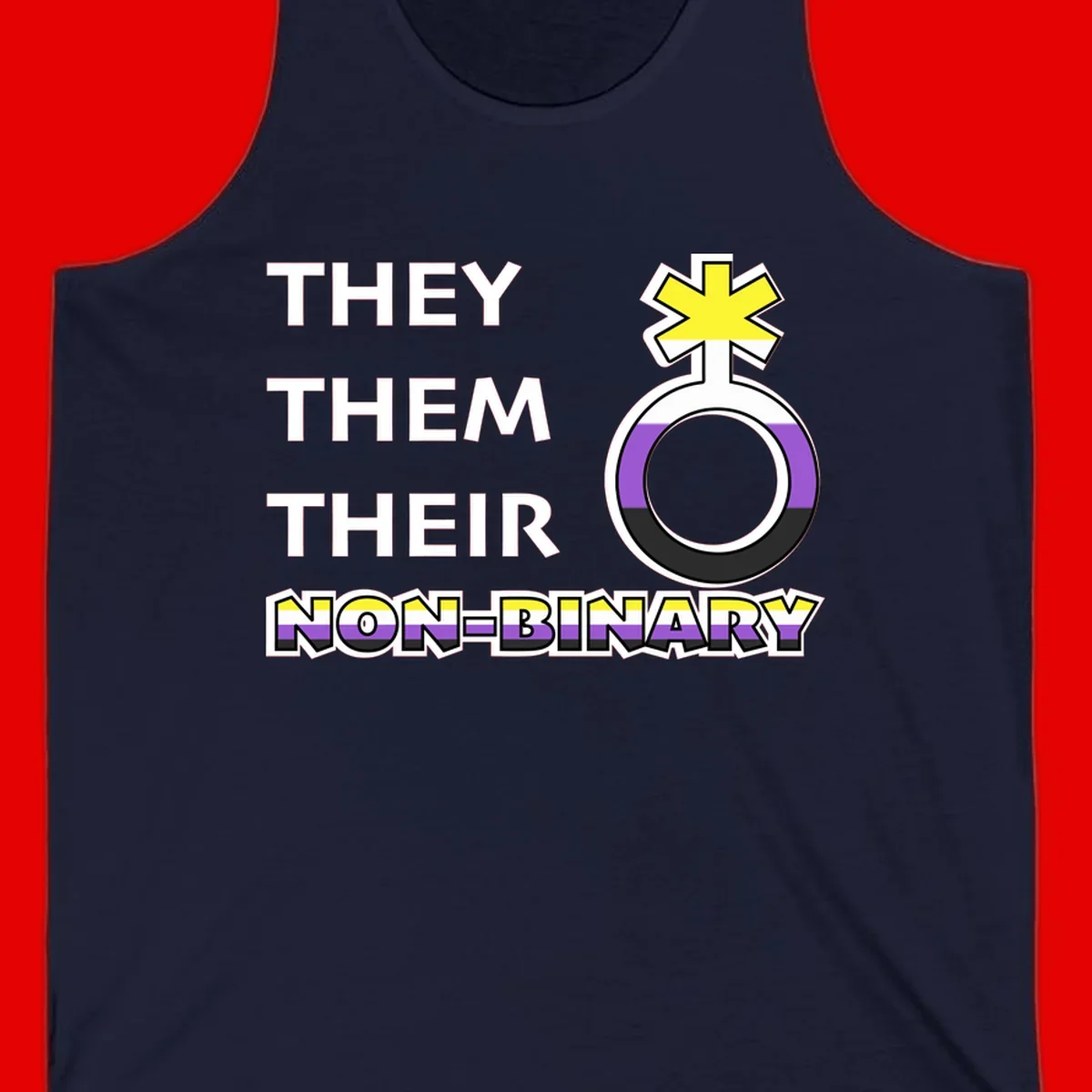 They/Them/Their Non-Binary Pride design featuring a female symbol in non-binary flag colors with bold text pronouns