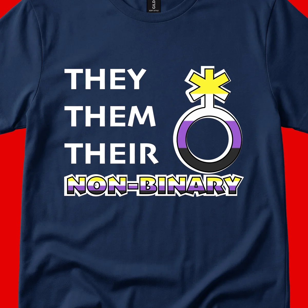 They/Them/Their Non-Binary Pride design featuring a female symbol in non-binary flag colors with bold text pronouns