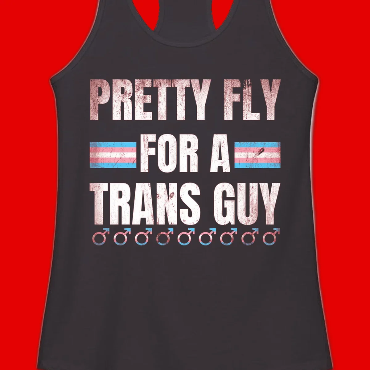 Distressed white text reading 'Pretty Fly For A Trans Guy' with blue and pink transgender pride stripes and male gender symbols
