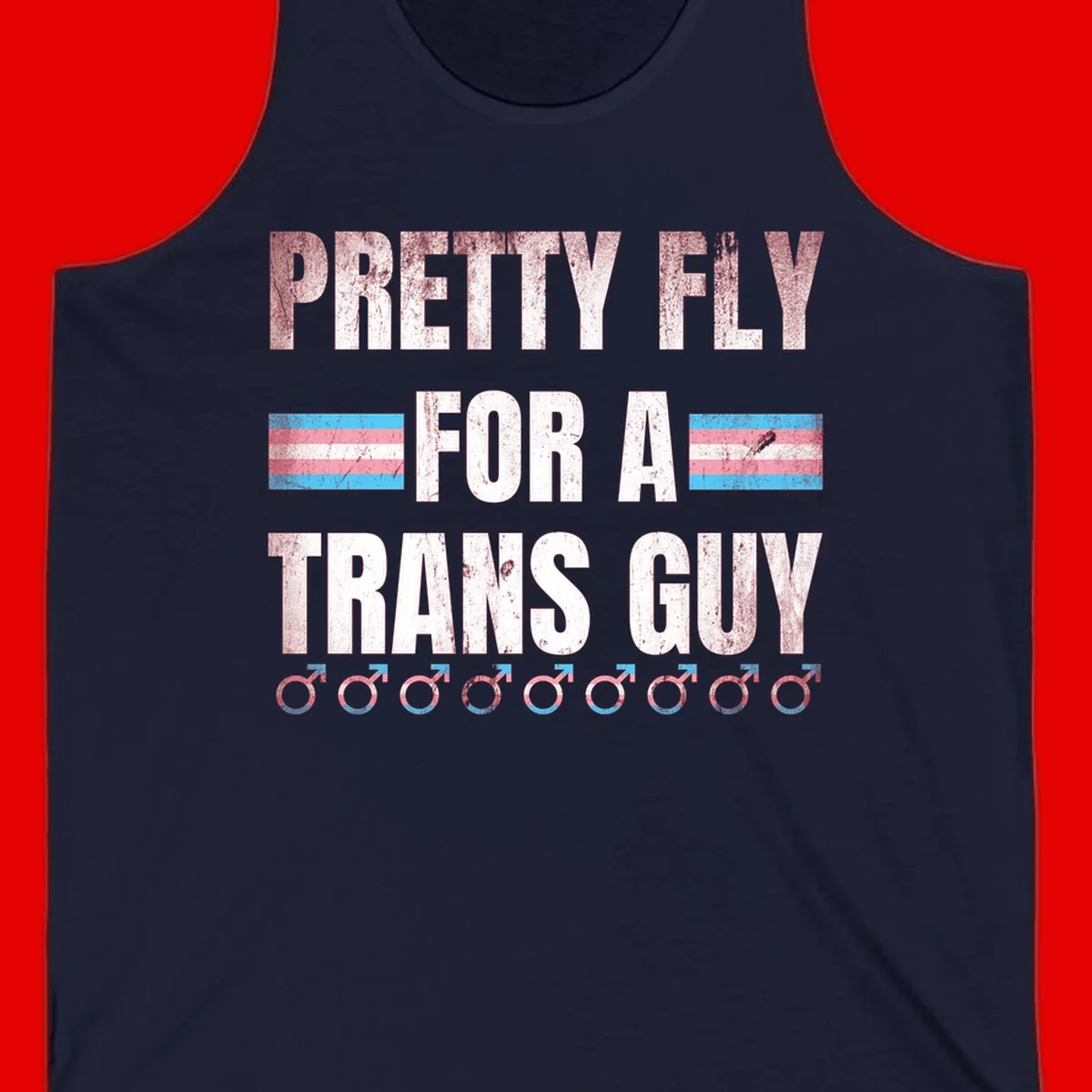 Distressed white text reading 'Pretty Fly For A Trans Guy' with blue and pink transgender pride stripes and male gender symbols