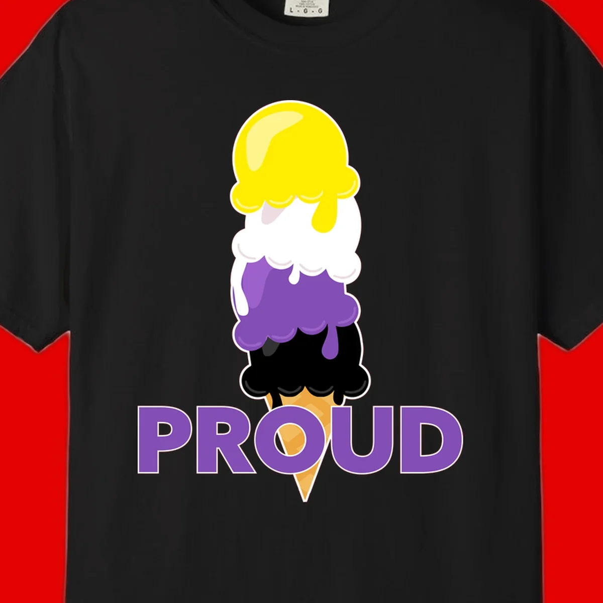 Colorful stacked ice cream cone with yellow, white, purple, and black scoops dripping down a waffle cone, with the word PROUD below
