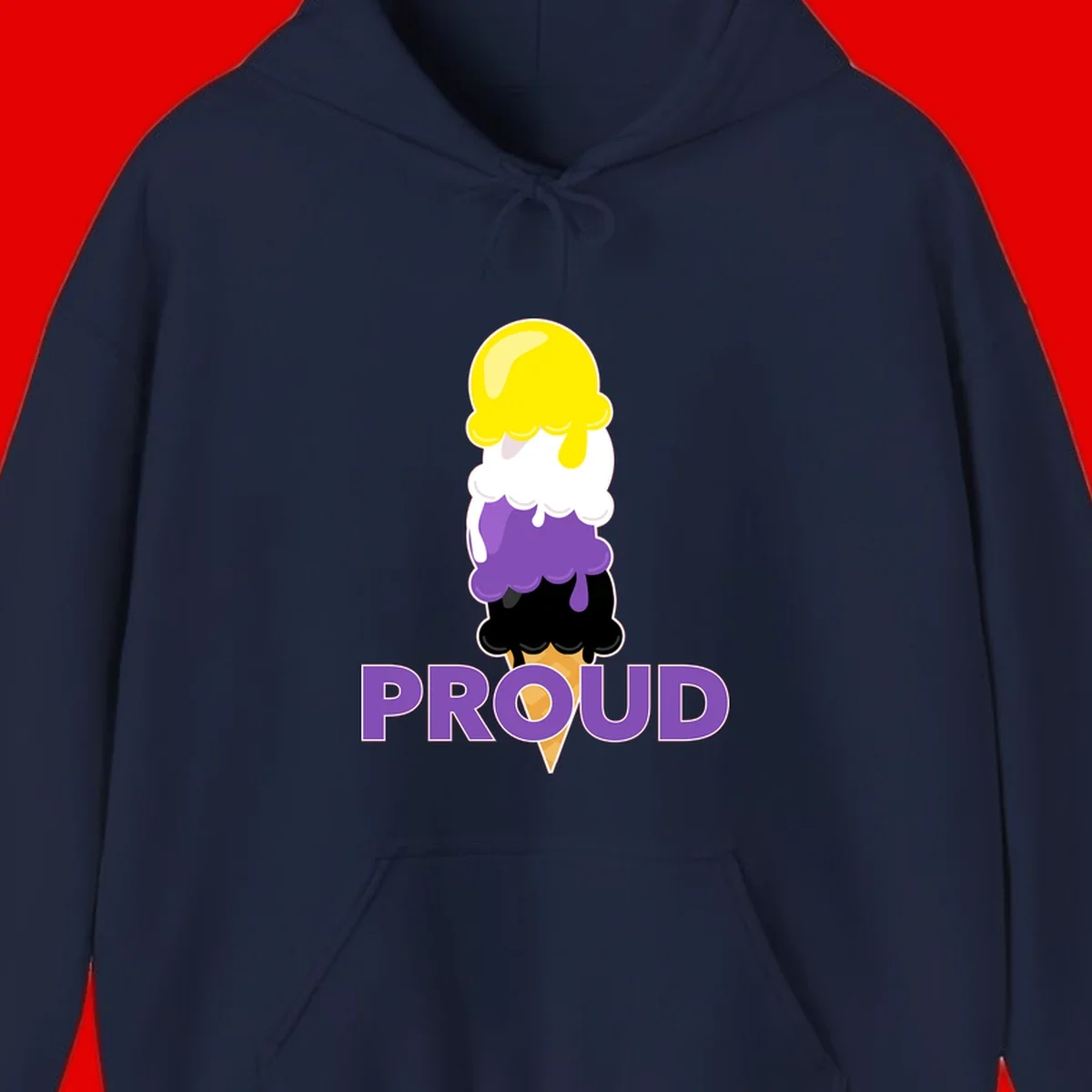 Colorful stacked ice cream cone with yellow, white, purple, and black scoops dripping down a waffle cone, with the word PROUD below