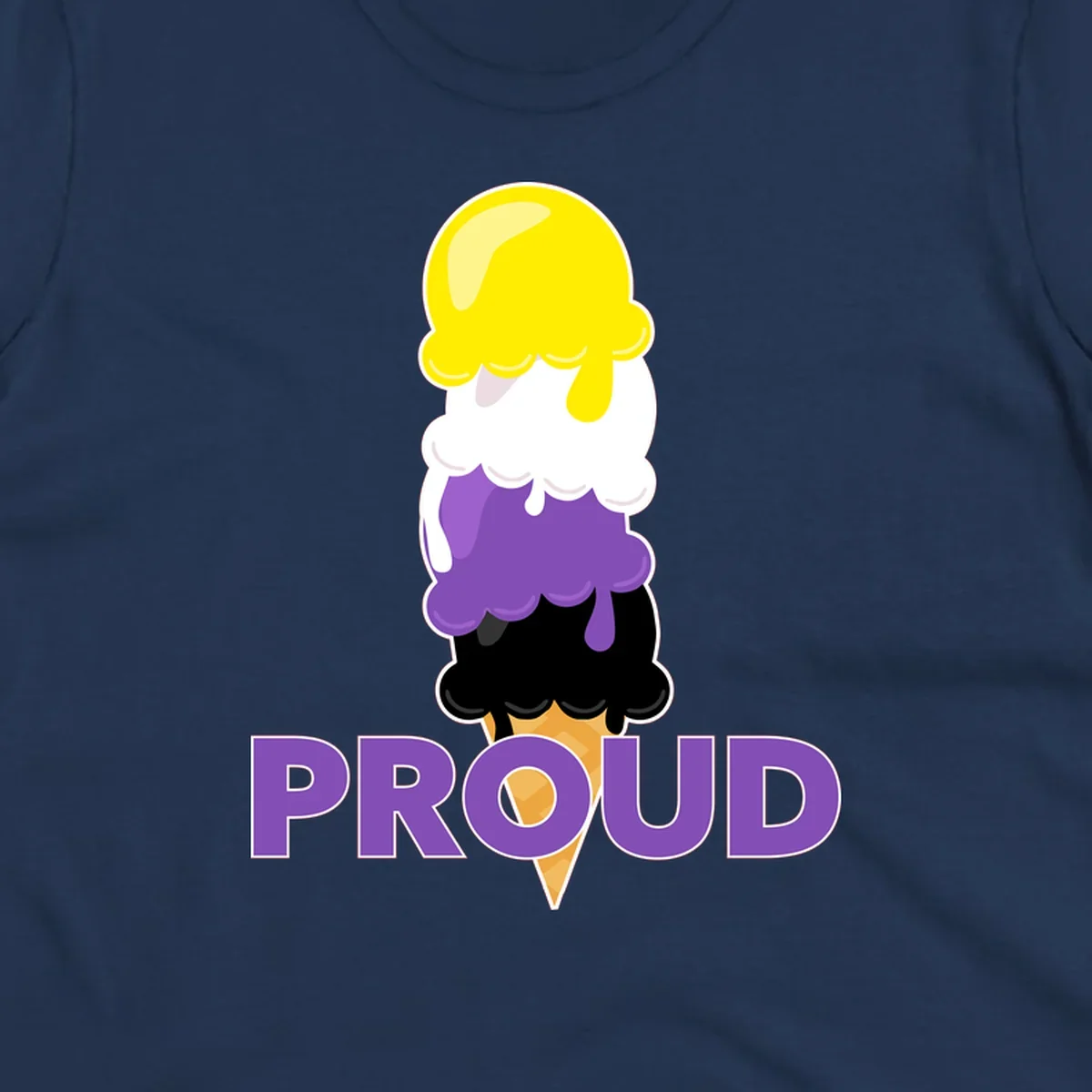 Colorful stacked ice cream cone with yellow, white, purple, and black scoops dripping down a waffle cone, with the word PROUD below