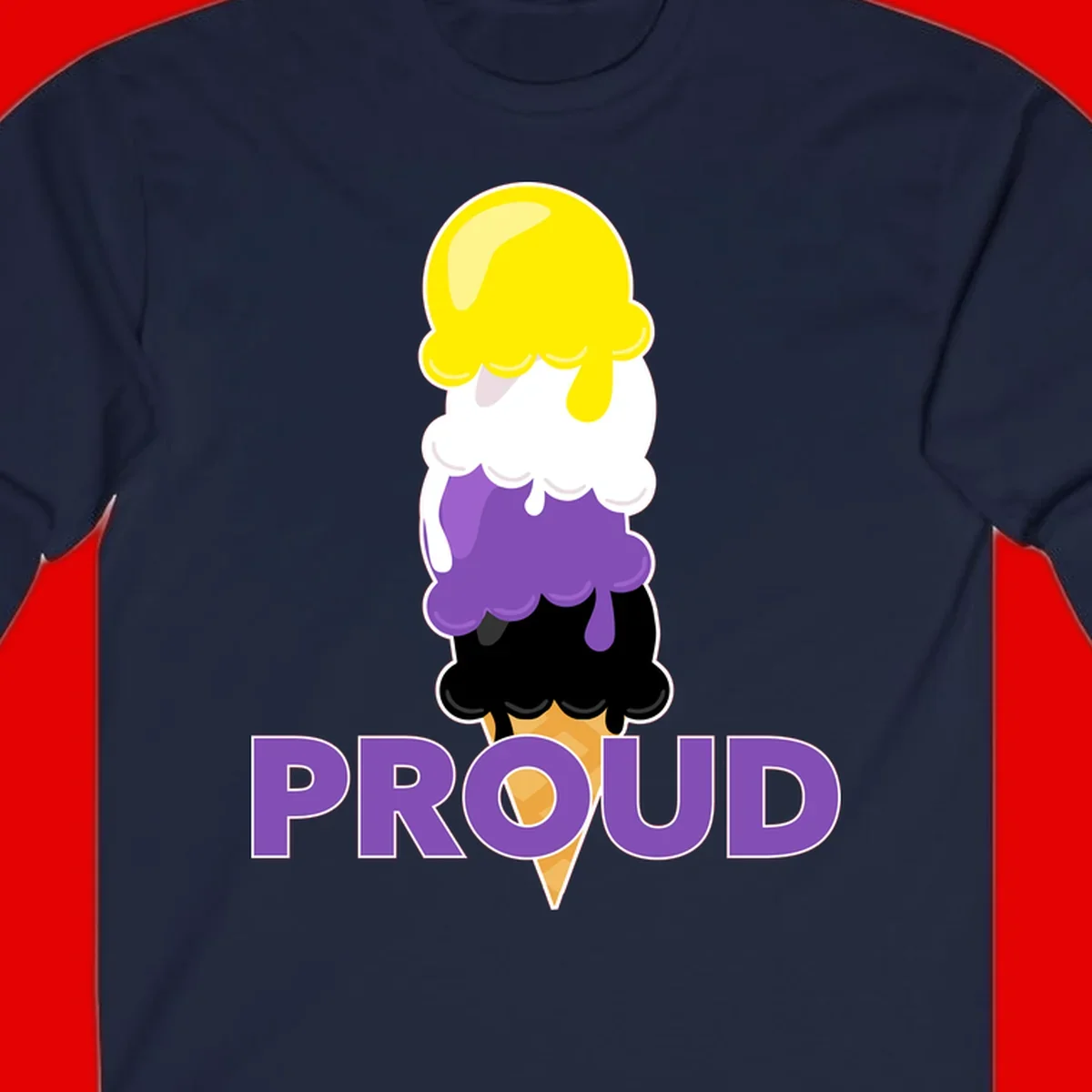 Colorful stacked ice cream cone with yellow, white, purple, and black scoops dripping down a waffle cone, with the word PROUD below