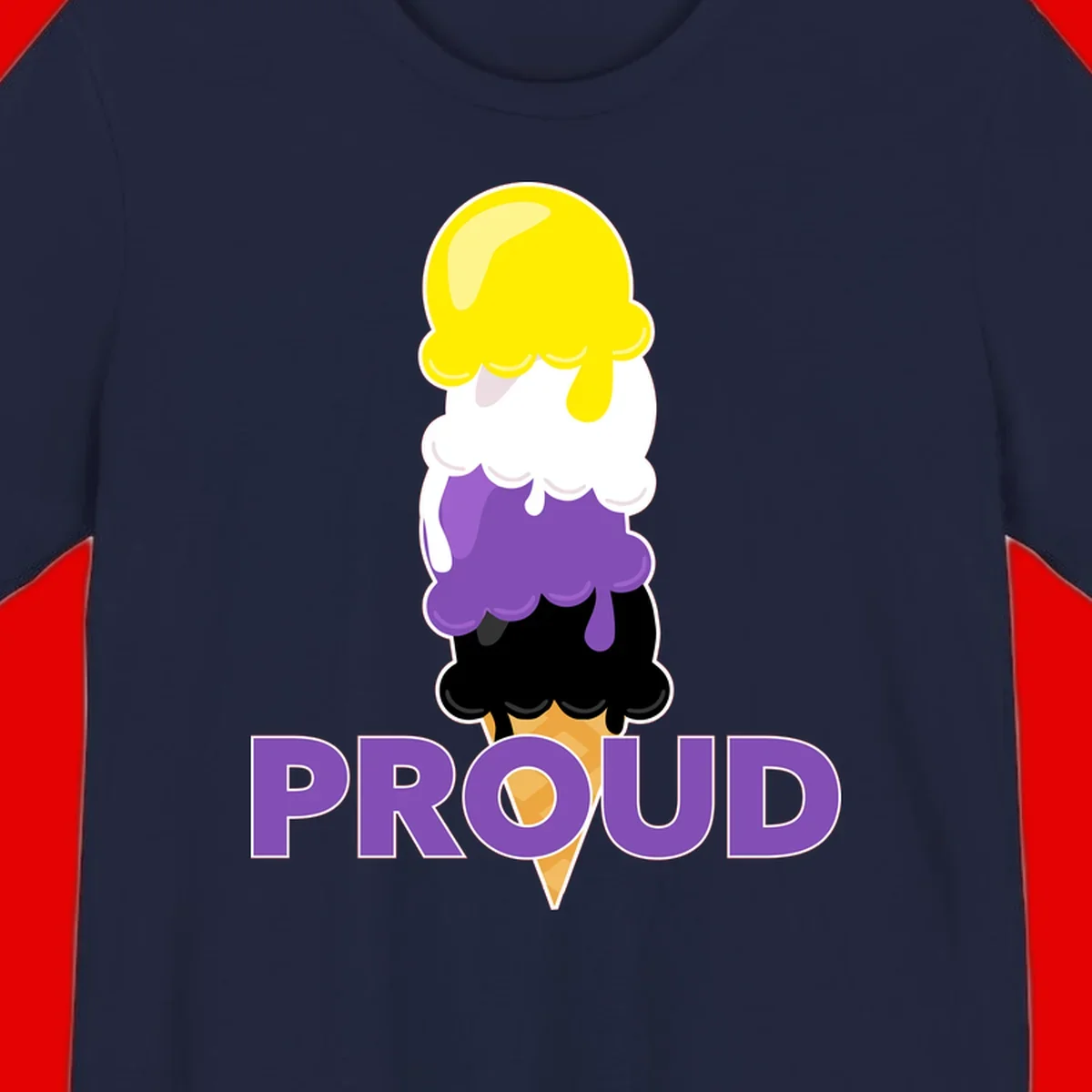 Colorful stacked ice cream cone with yellow, white, purple, and black scoops dripping down a waffle cone, with the word PROUD below