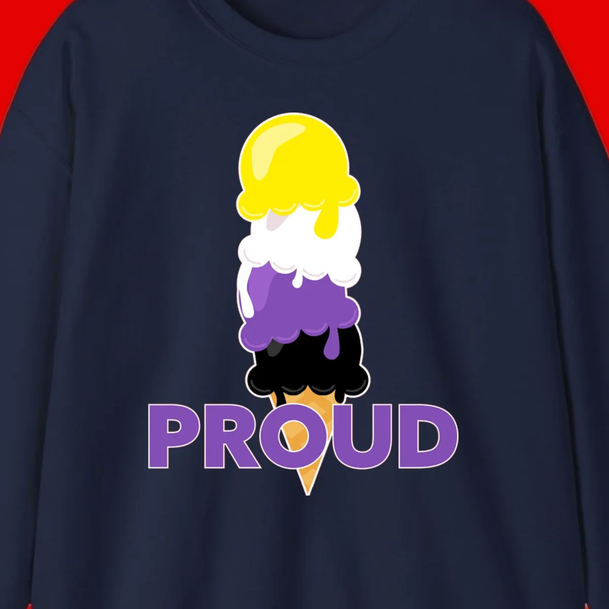 Colorful stacked ice cream cone with yellow, white, purple, and black scoops dripping down a waffle cone, with the word PROUD below