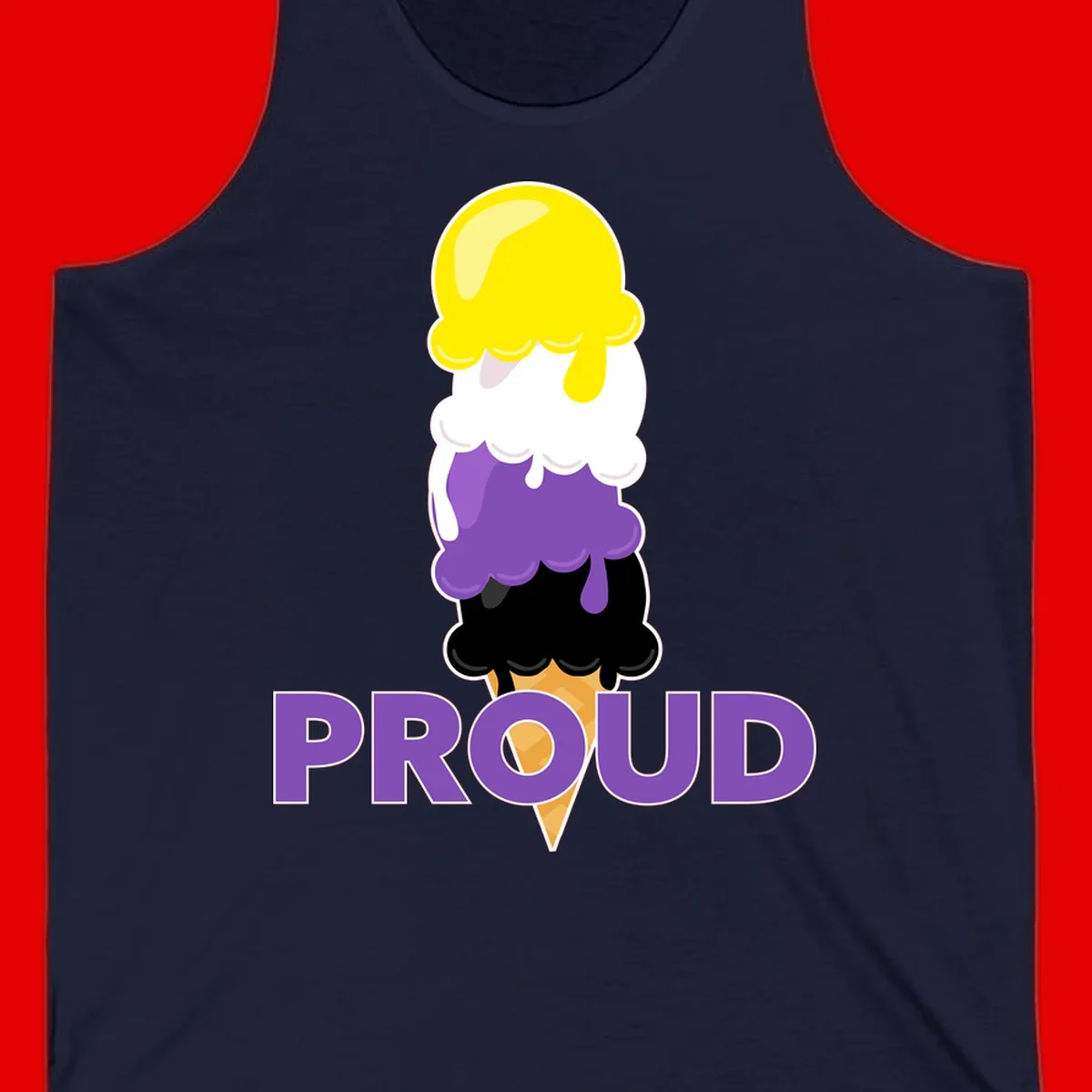 Colorful stacked ice cream cone with yellow, white, purple, and black scoops dripping down a waffle cone, with the word PROUD below