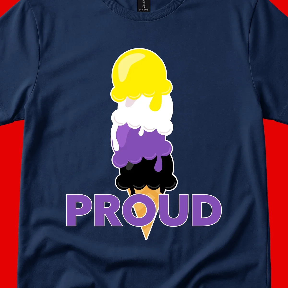 Colorful stacked ice cream cone with yellow, white, purple, and black scoops dripping down a waffle cone, with the word PROUD below