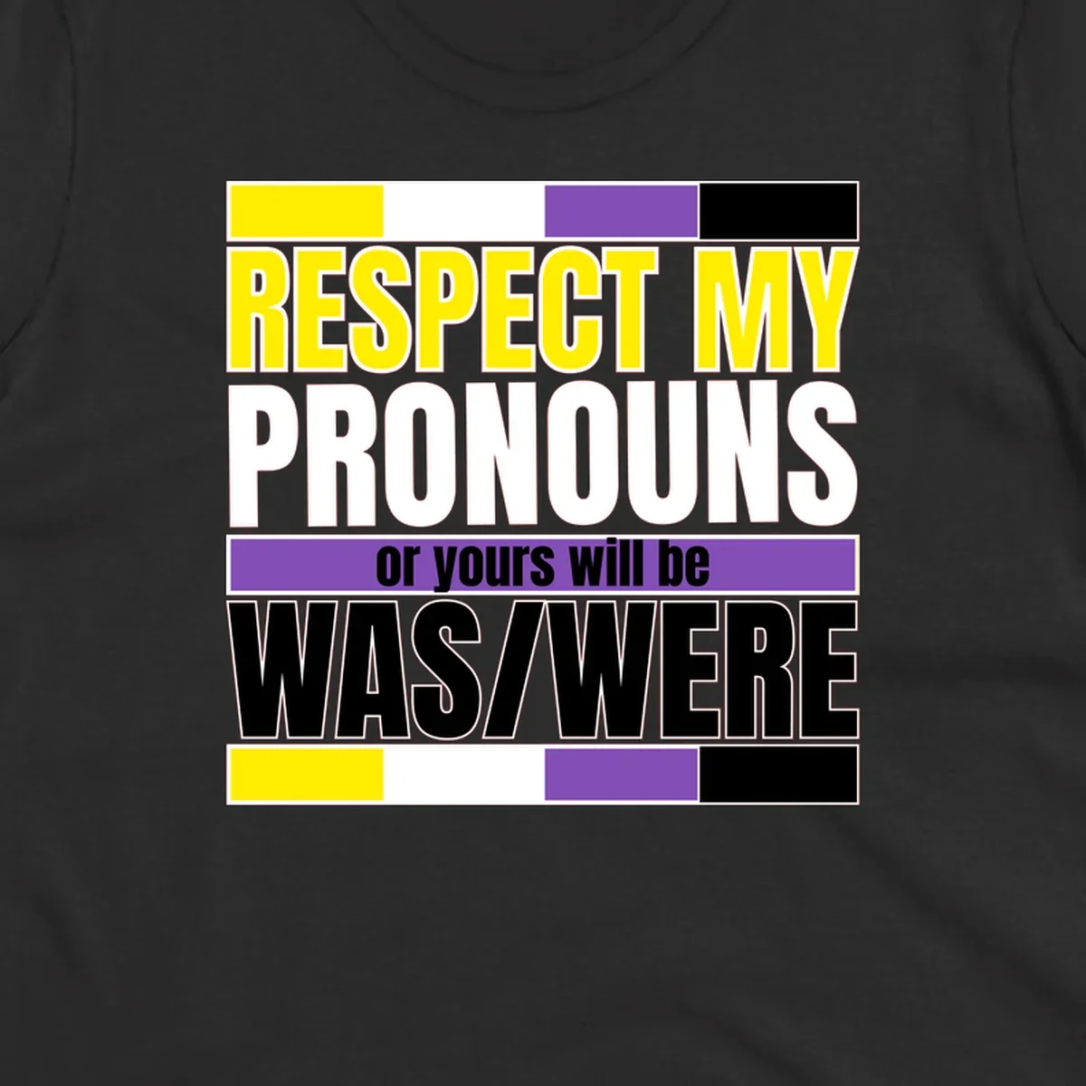 Bold typography design reading 'Respect My Pronouns or yours will be WAS/WERE' in yellow, white, and black text with color blocks