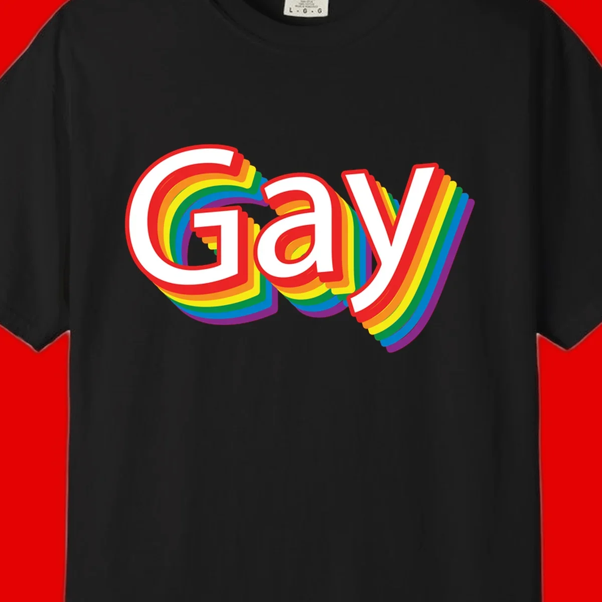 Colorful gay pride rainbow text design with bold red letters surrounded by concentric rainbow stripes in pride flag colors