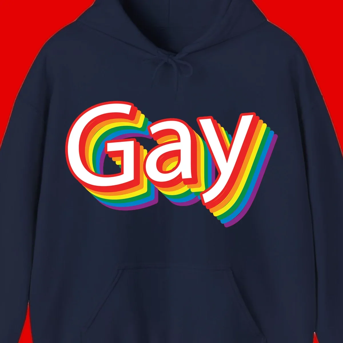 Colorful gay pride rainbow text design with bold red letters surrounded by concentric rainbow stripes in pride flag colors