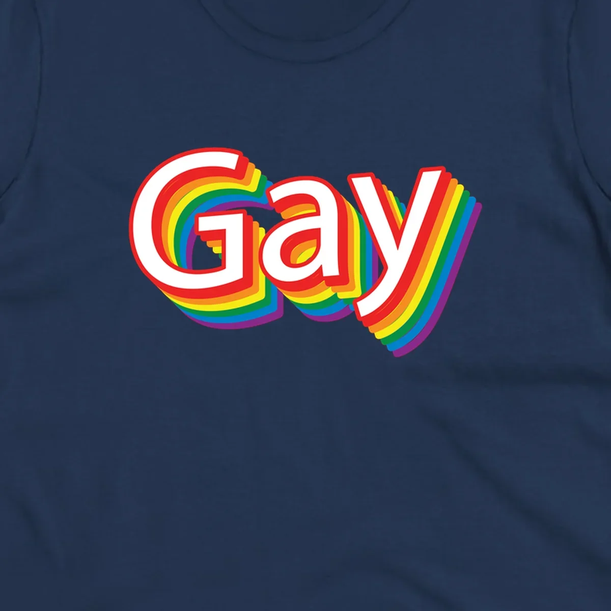 Colorful gay pride rainbow text design with bold red letters surrounded by concentric rainbow stripes in pride flag colors