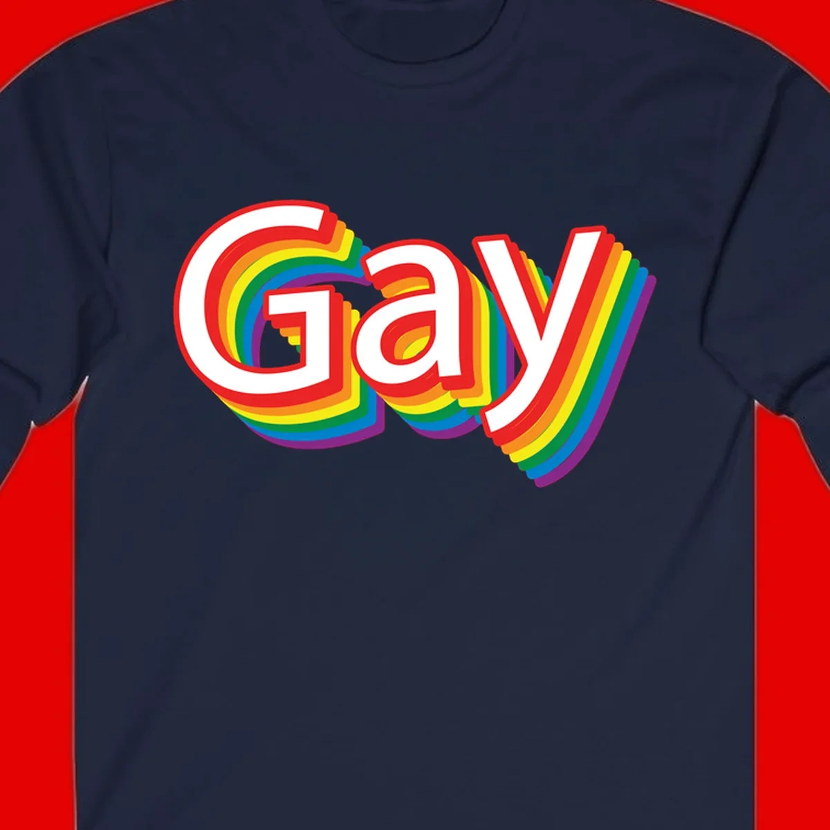 Colorful gay pride rainbow text design with bold red letters surrounded by concentric rainbow stripes in pride flag colors