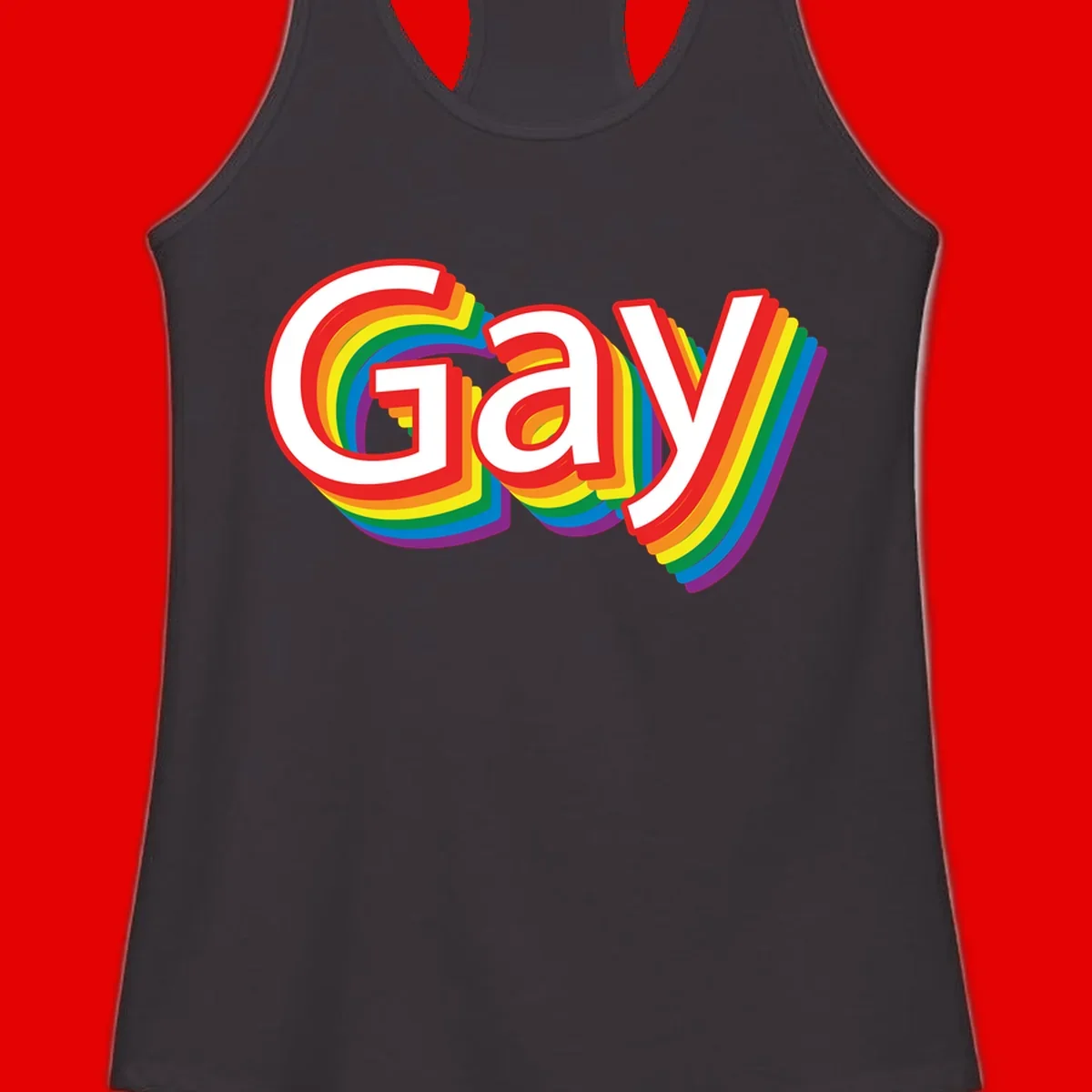 Colorful gay pride rainbow text design with bold red letters surrounded by concentric rainbow stripes in pride flag colors