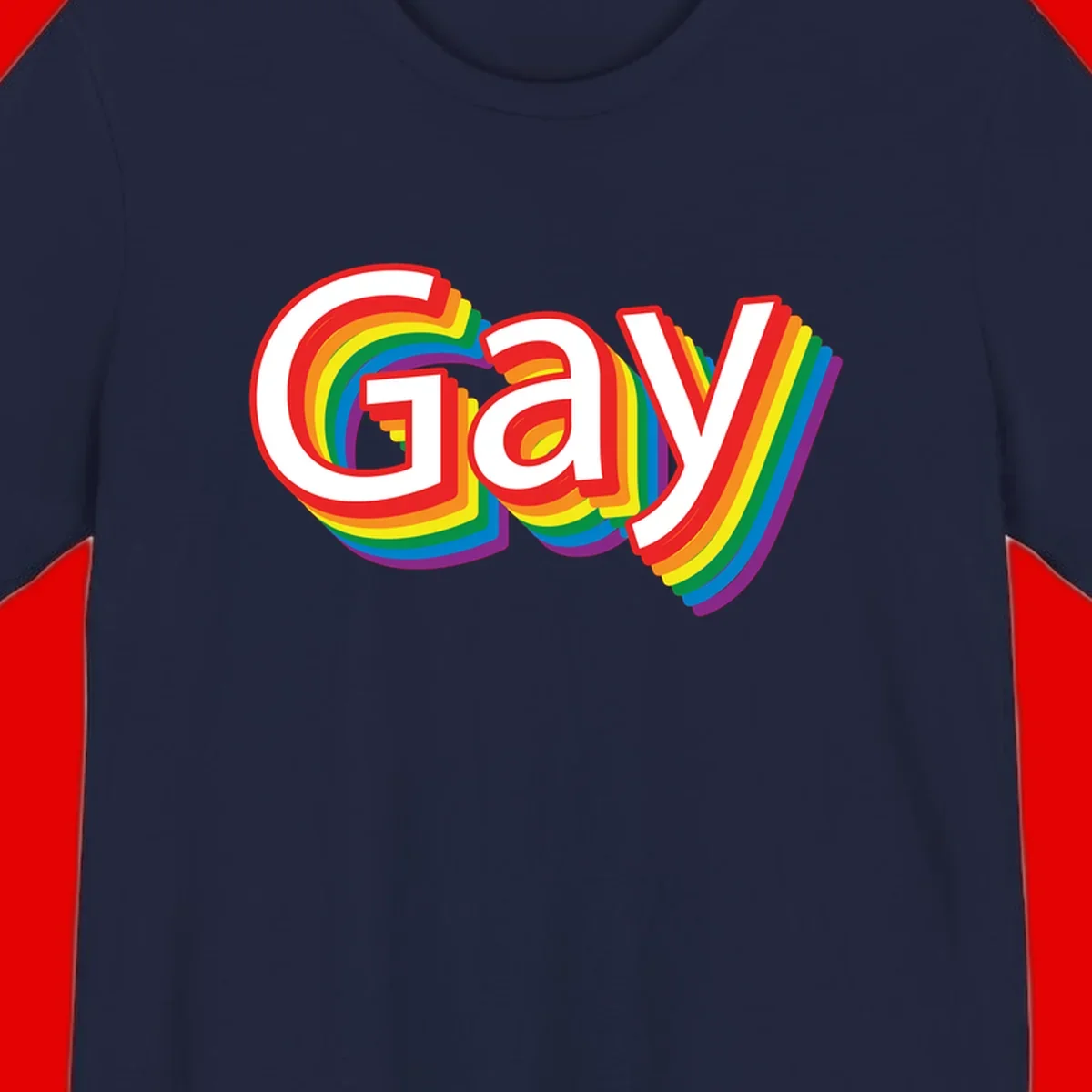 Colorful gay pride rainbow text design with bold red letters surrounded by concentric rainbow stripes in pride flag colors