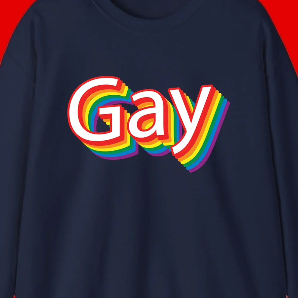 Colorful gay pride rainbow text design with bold red letters surrounded by concentric rainbow stripes in pride flag colors