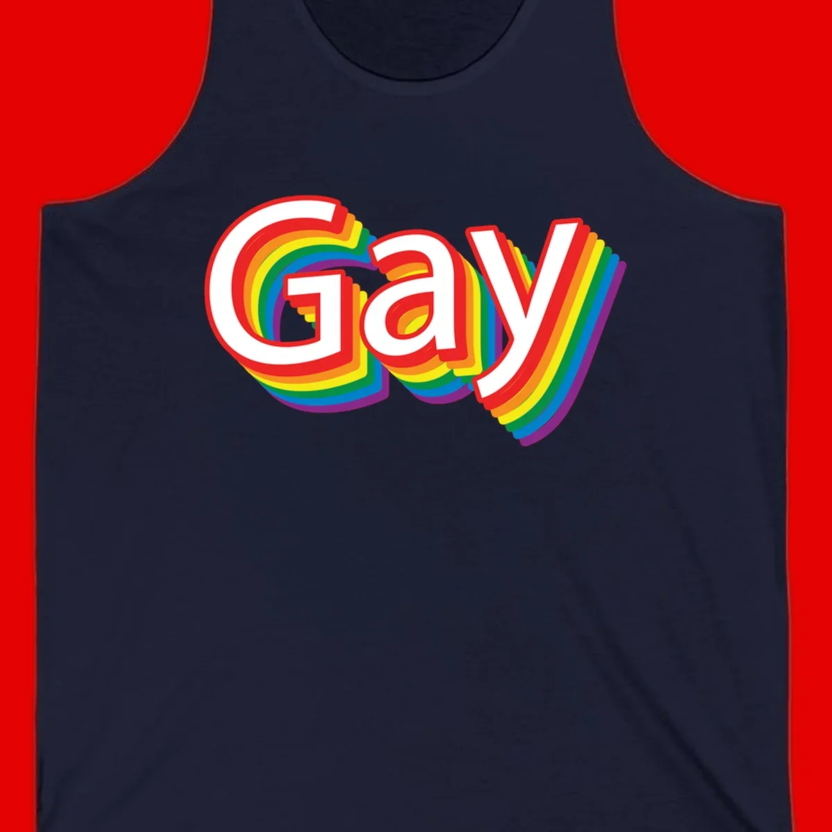 Colorful gay pride rainbow text design with bold red letters surrounded by concentric rainbow stripes in pride flag colors