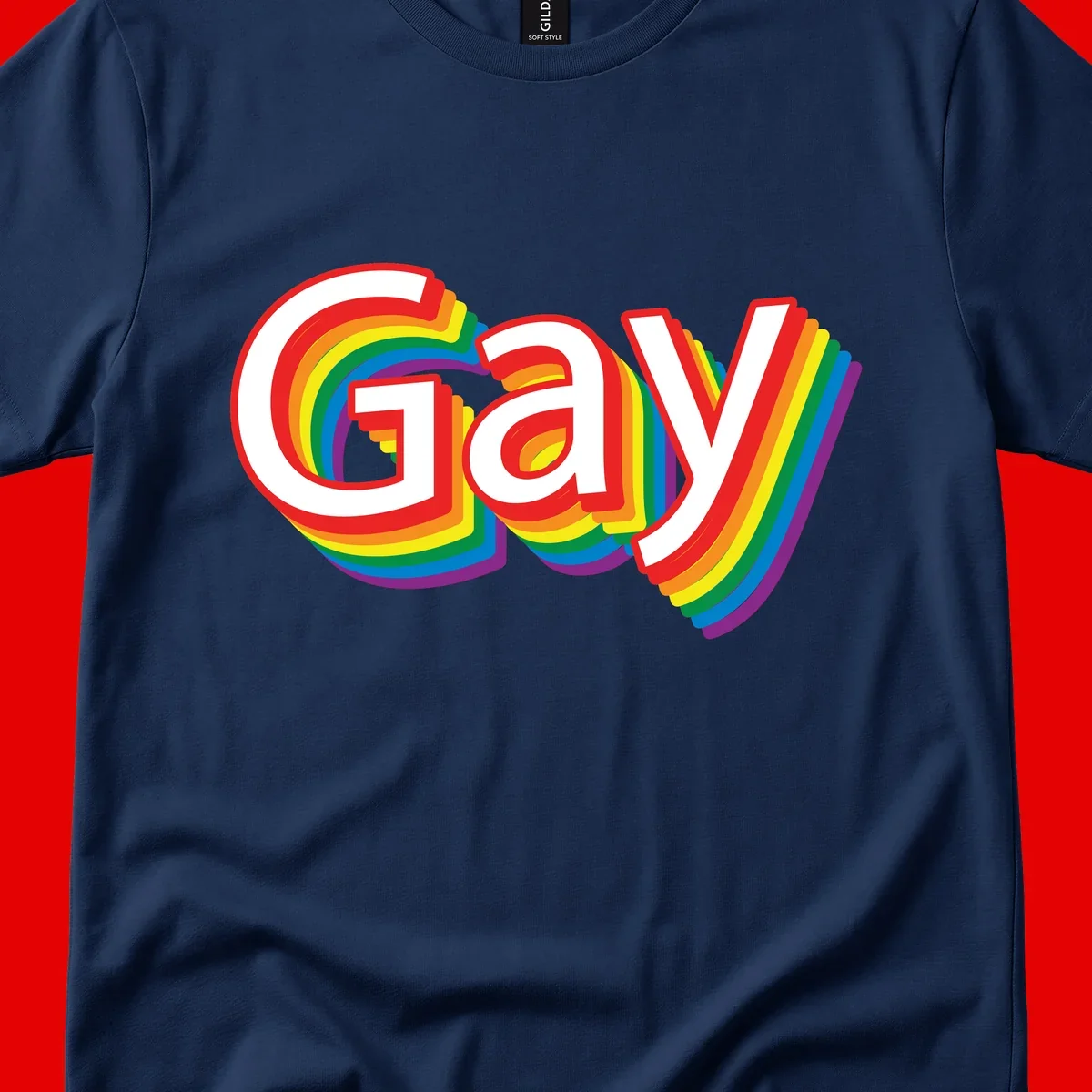 Colorful gay pride rainbow text design with bold red letters surrounded by concentric rainbow stripes in pride flag colors