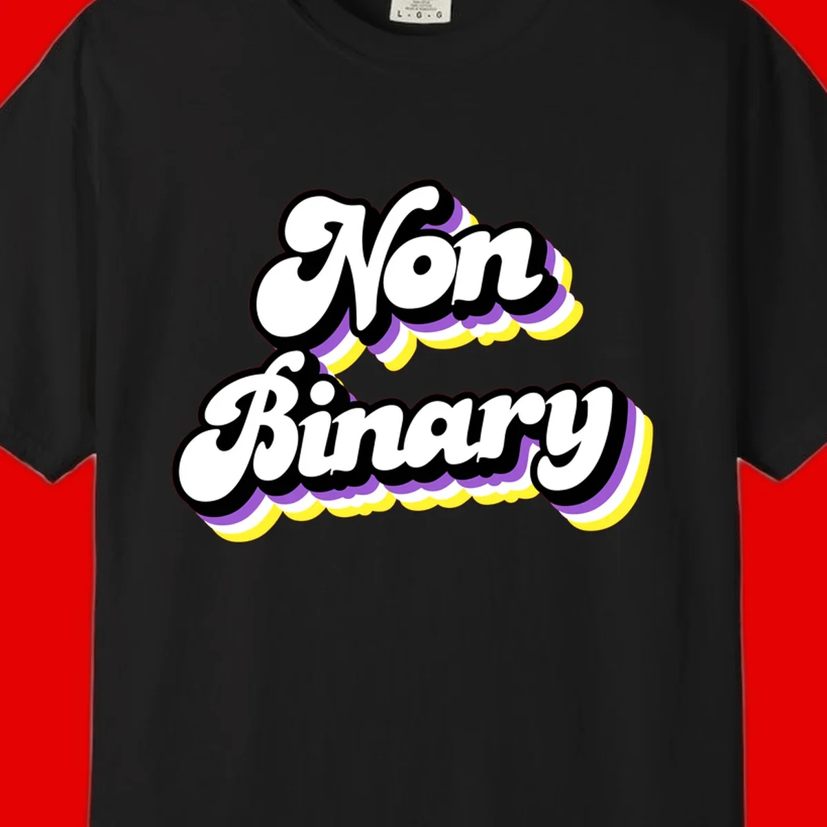 Non-binary pride cloud design with bold white lettering outlined in black and purple-yellow striped cloud shapes.