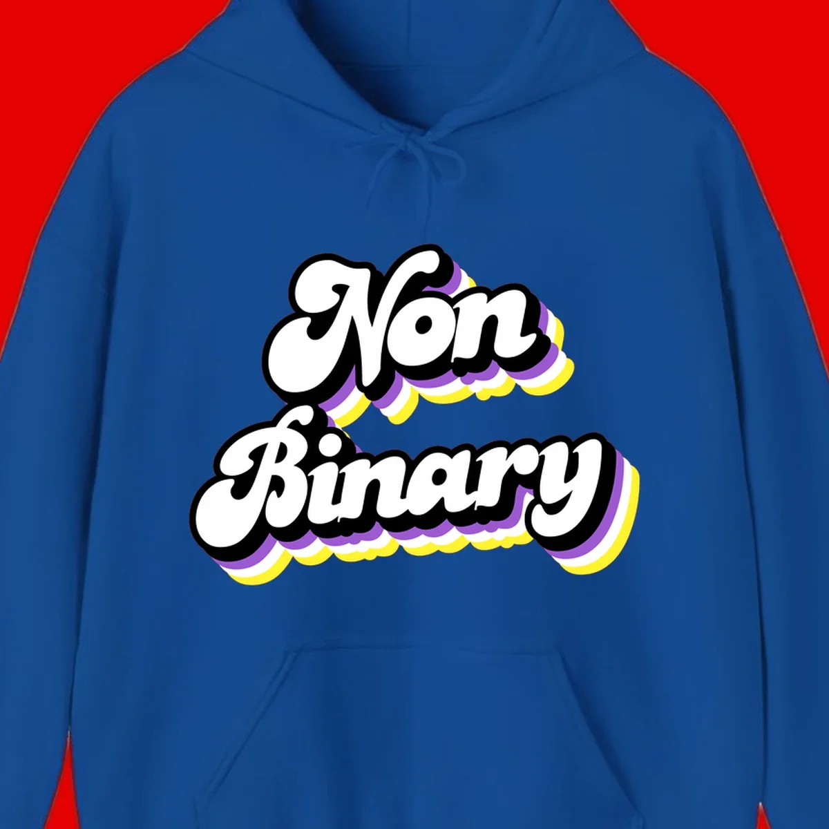 Non-binary pride cloud design with bold white lettering outlined in black and purple-yellow striped cloud shapes.