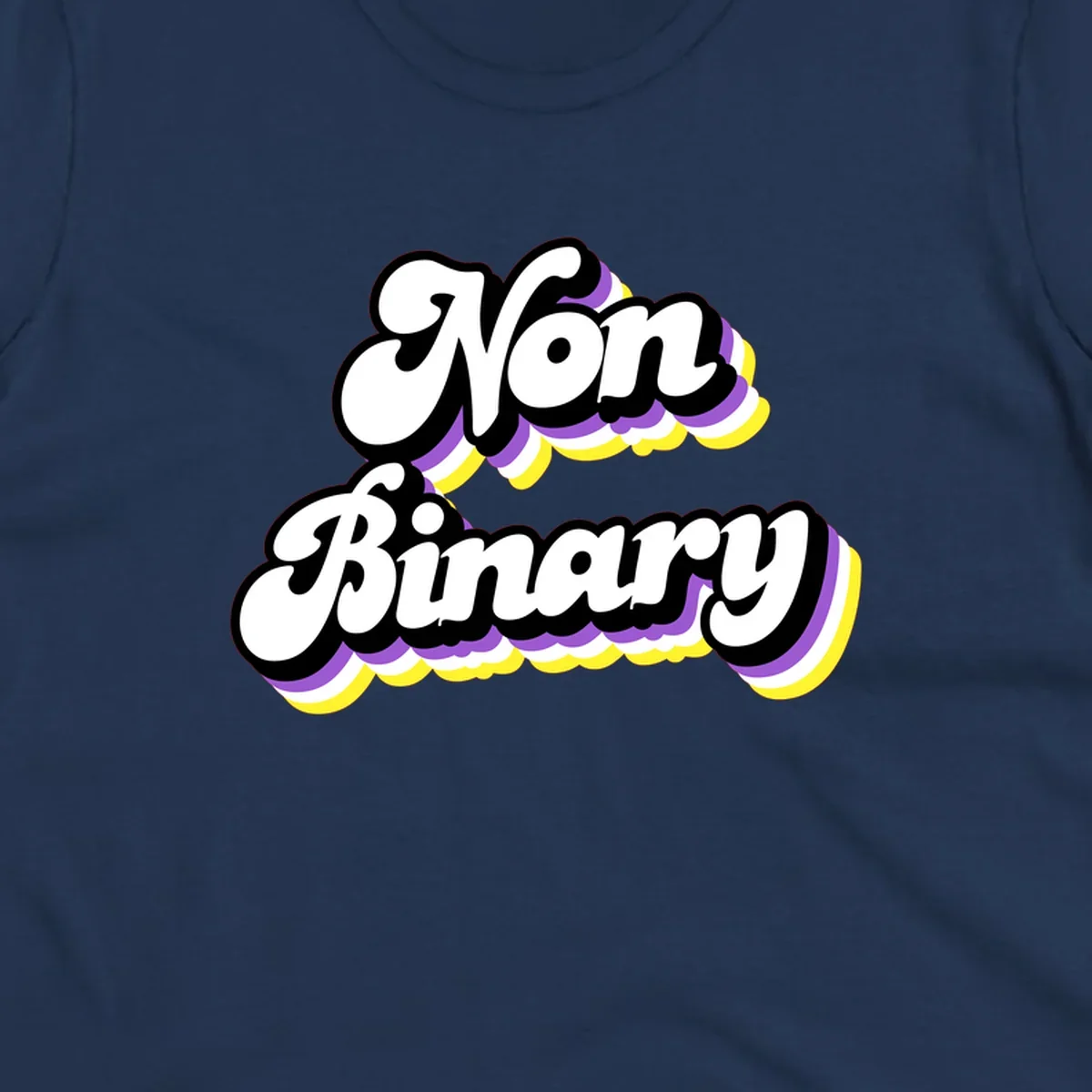 Non-binary pride cloud design with bold white lettering outlined in black and purple-yellow striped cloud shapes.