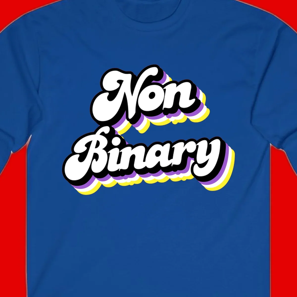 Non-binary pride cloud design with bold white lettering outlined in black and purple-yellow striped cloud shapes.