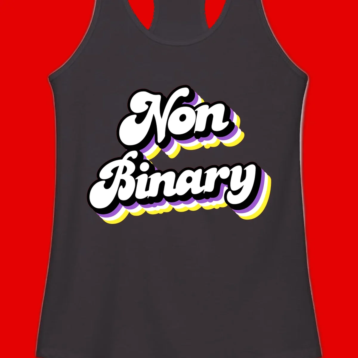 Non-binary pride cloud design with bold white lettering outlined in black and purple-yellow striped cloud shapes.