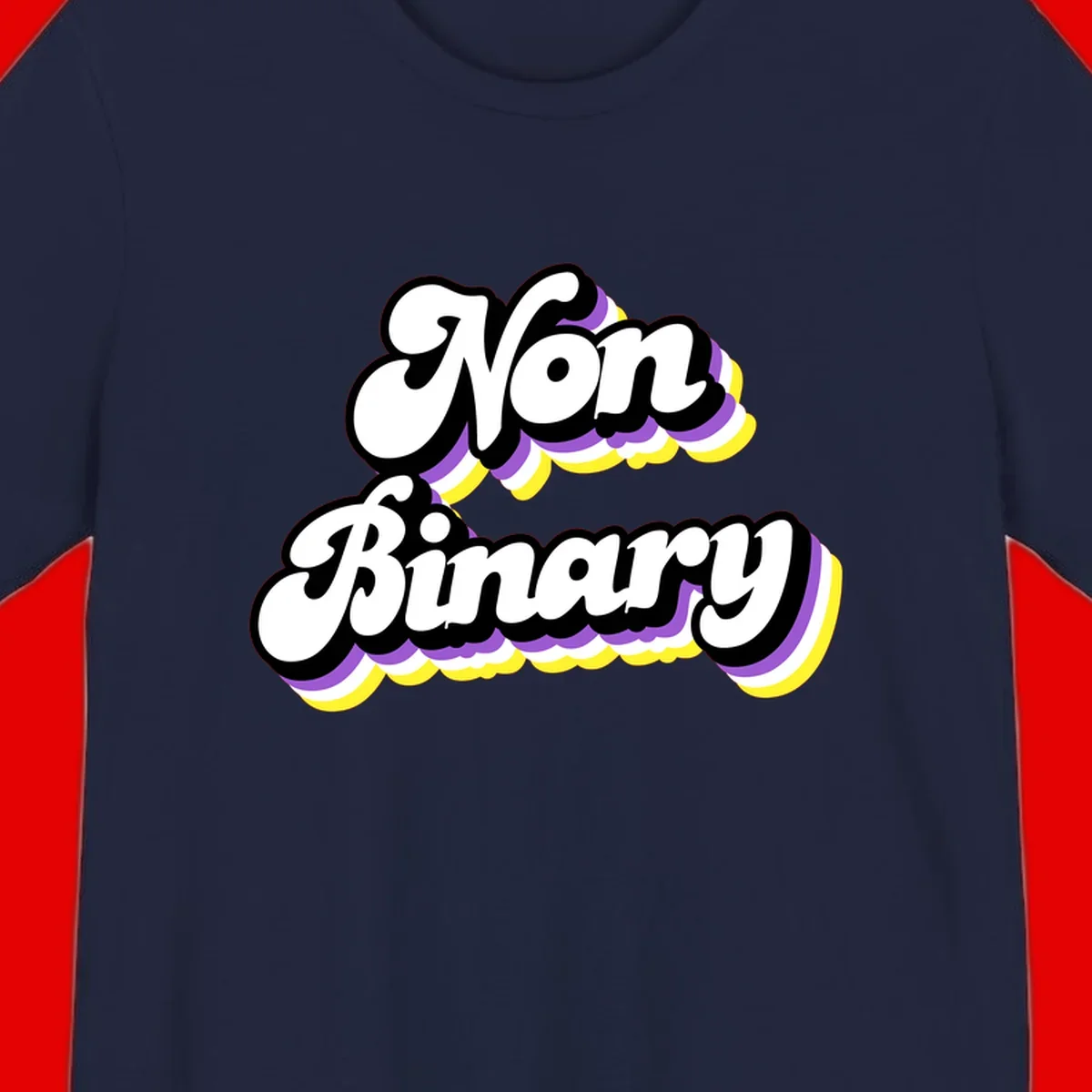 Non-binary pride cloud design with bold white lettering outlined in black and purple-yellow striped cloud shapes.