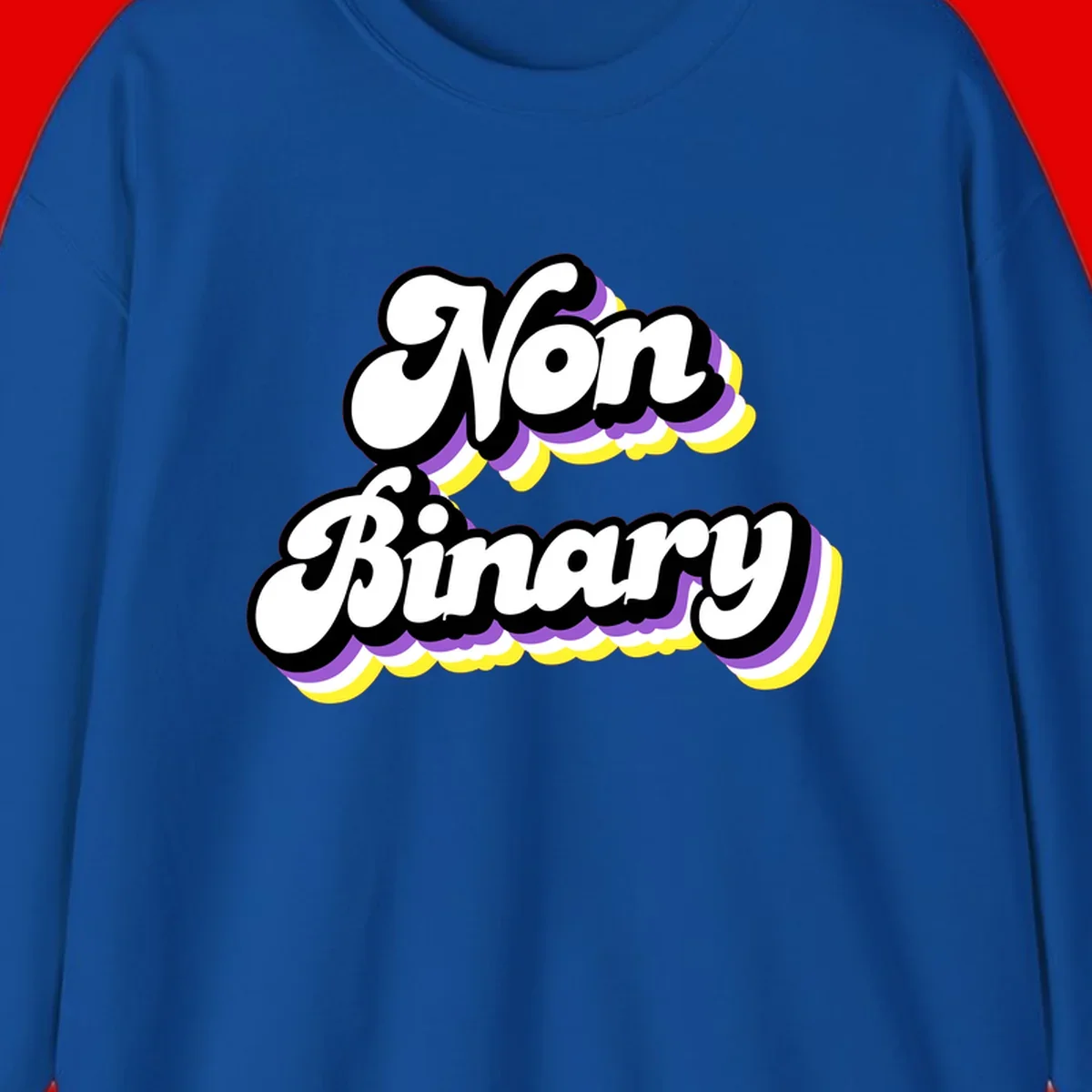 Non-binary pride cloud design with bold white lettering outlined in black and purple-yellow striped cloud shapes.