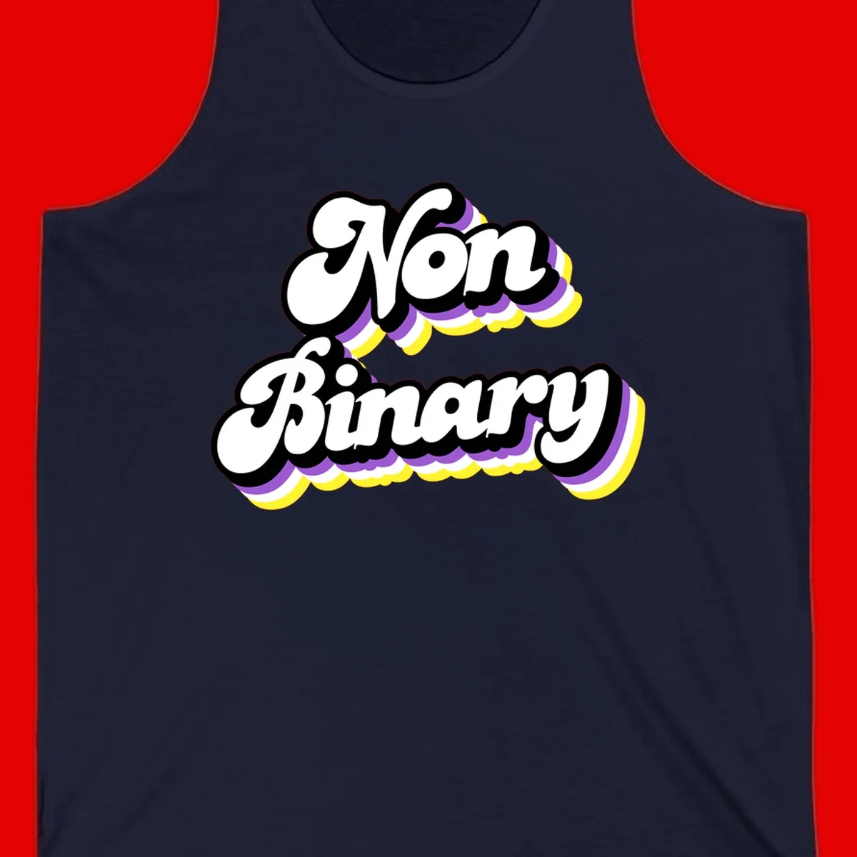 Non-binary pride cloud design with bold white lettering outlined in black and purple-yellow striped cloud shapes.