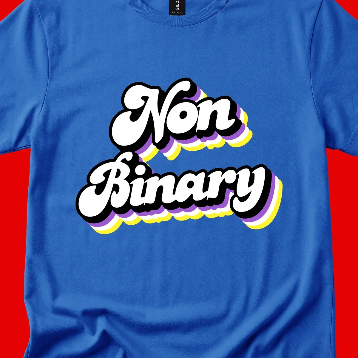 Non-binary pride cloud design with bold white lettering outlined in black and purple-yellow striped cloud shapes.