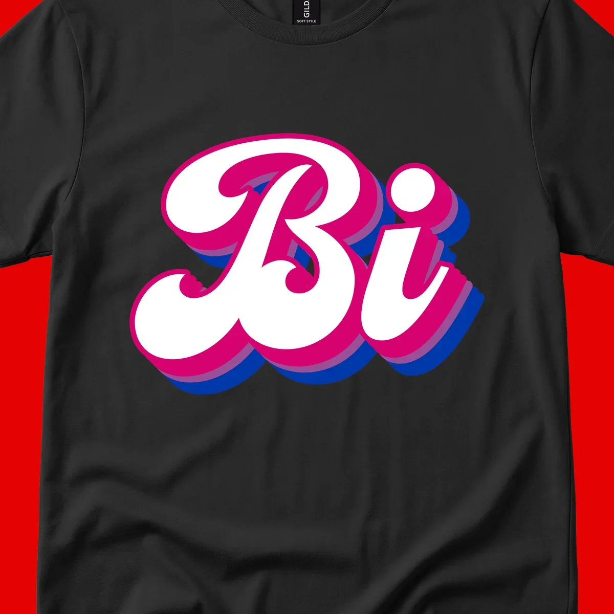 Bold pride dimensional letters design with hot pink, navy blue, and purple 3D layered typography effect