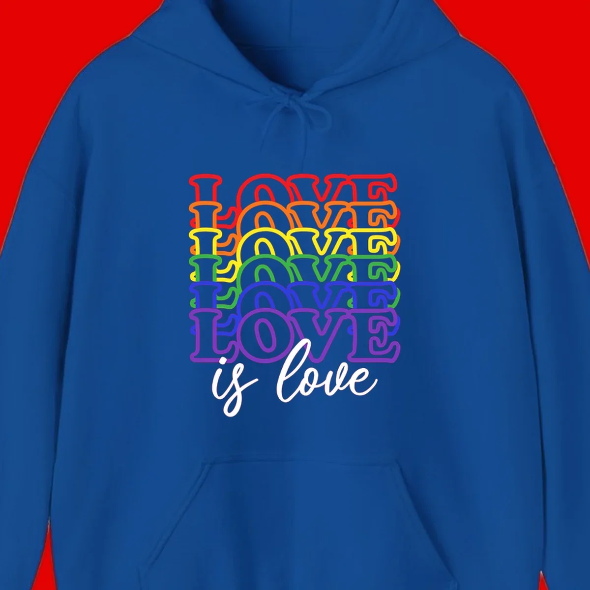 Love is love rainbow pride design with stacked colorful letters in red, orange, yellow, green, blue, and purple