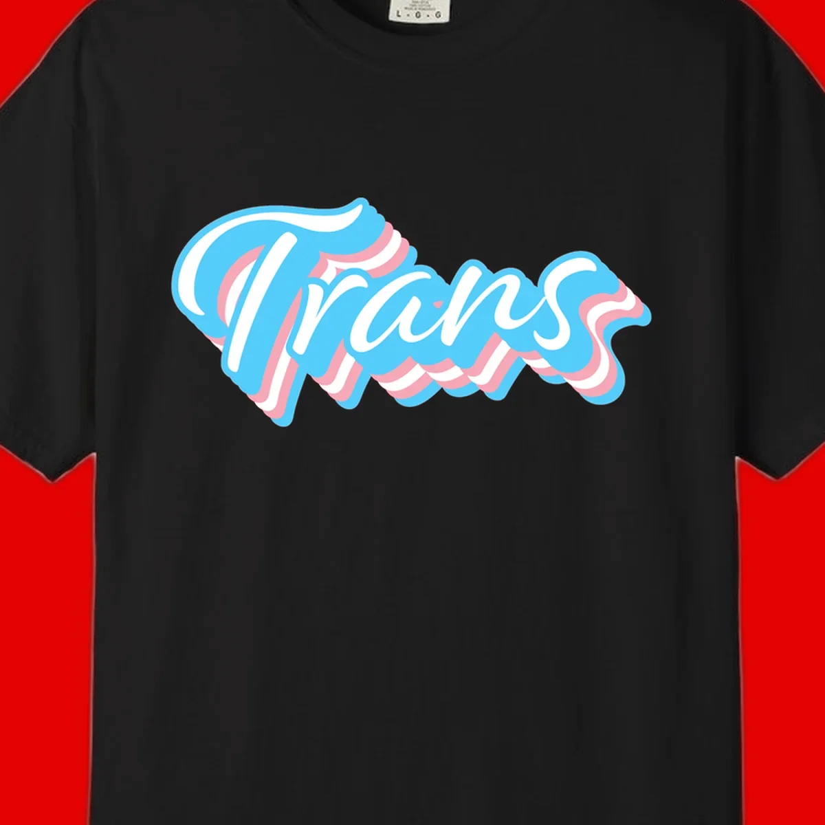 Waves pride flow design featuring white cursive text with layered pink and blue wavy patterns on a gray background