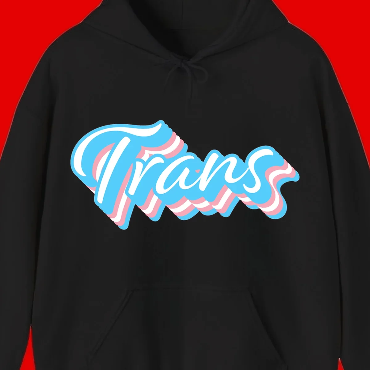Waves pride flow design featuring white cursive text with layered pink and blue wavy patterns on a gray background