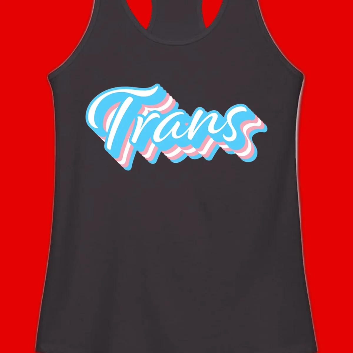 Waves pride flow design featuring white cursive text with layered pink and blue wavy patterns on a gray background