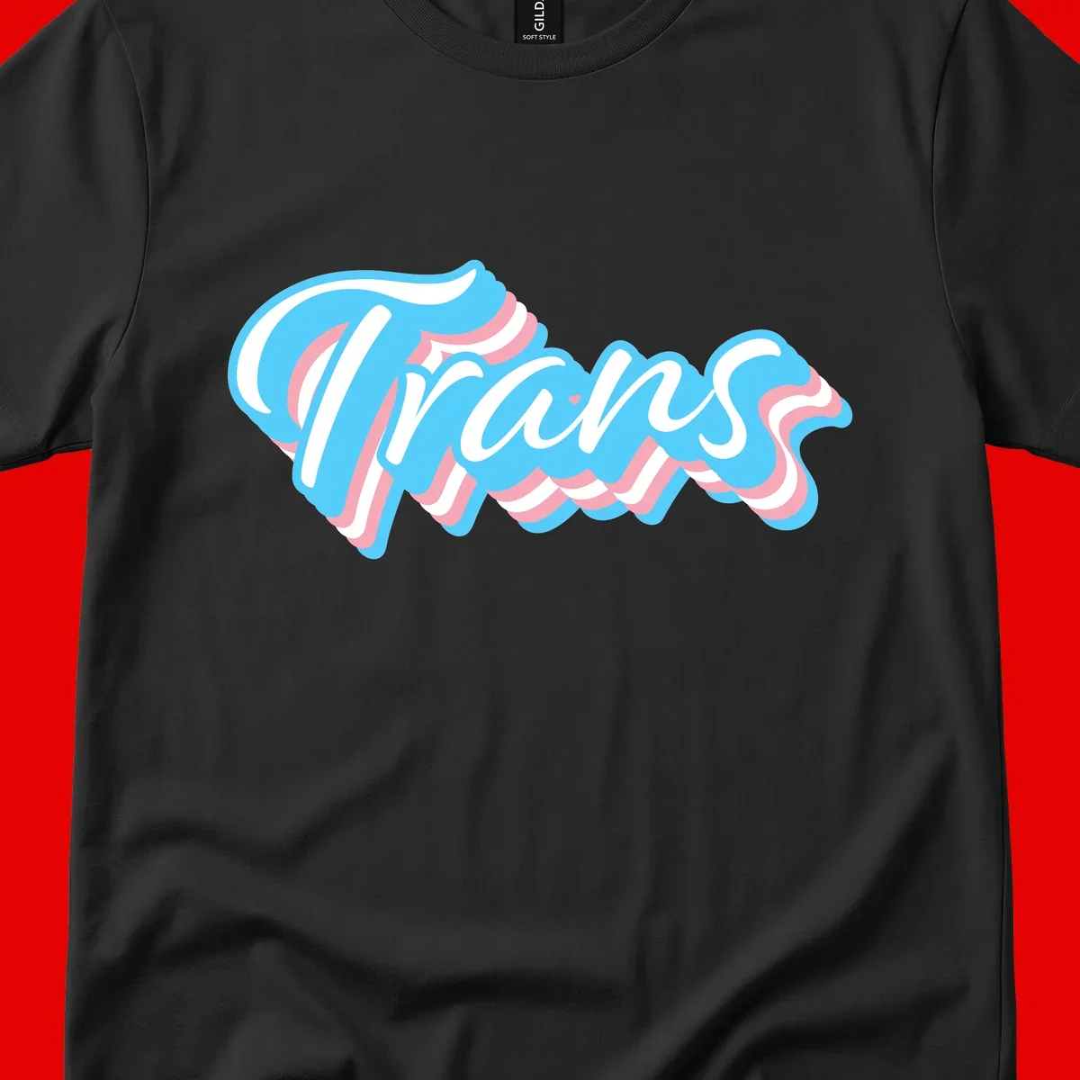 Waves pride flow design featuring white cursive text with layered pink and blue wavy patterns on a gray background