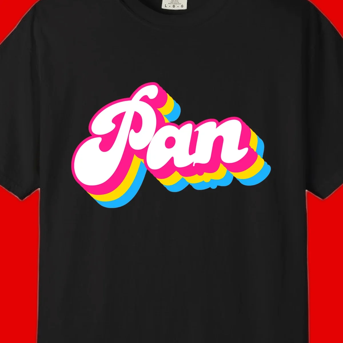 Retro pop art design with 'Pam' in bold white lettering outlined in magenta with layered cyan and yellow scalloped shapes