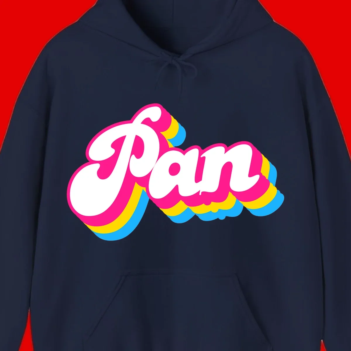 Retro pop art design with 'Pam' in bold white lettering outlined in magenta with layered cyan and yellow scalloped shapes