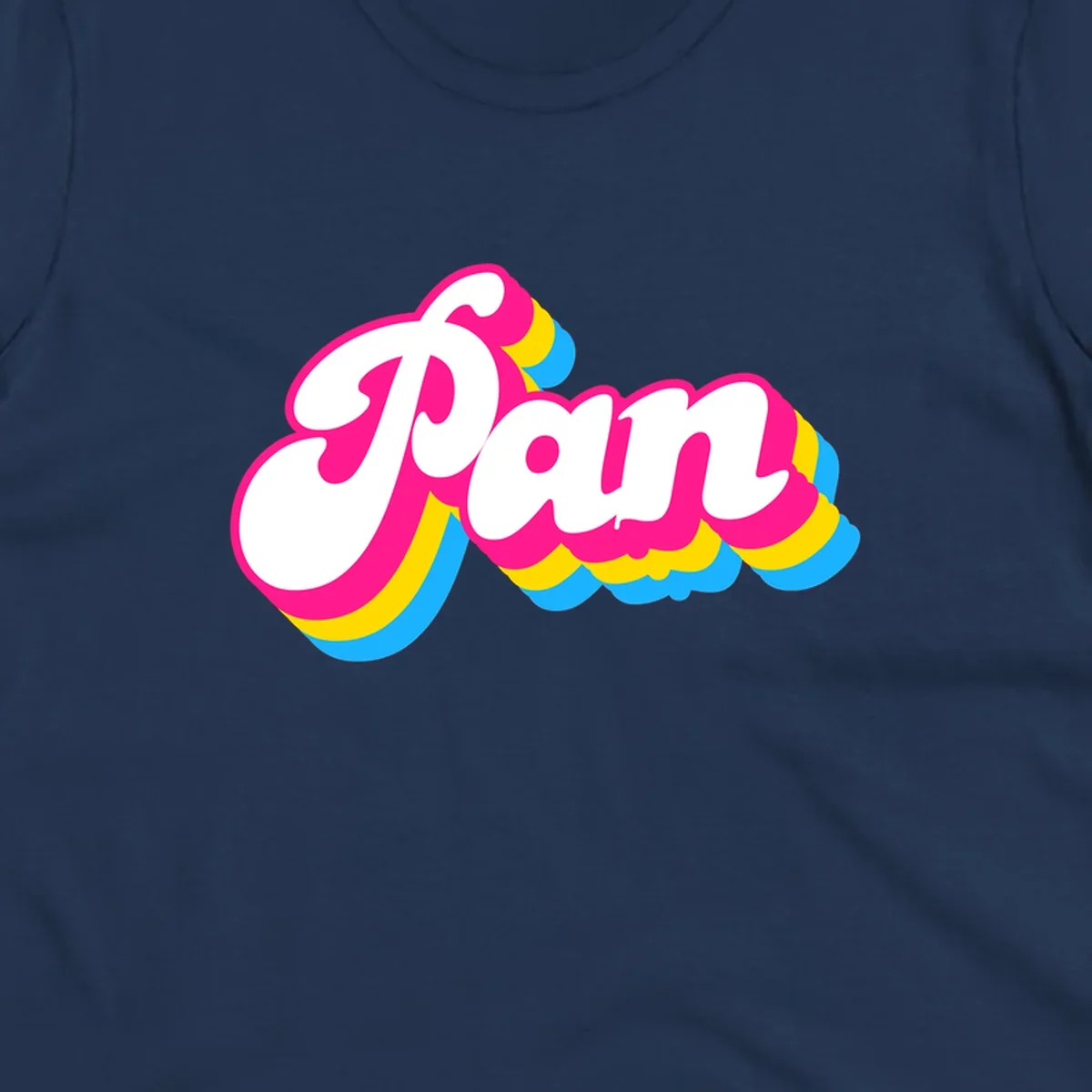 Retro pop art design with 'Pam' in bold white lettering outlined in magenta with layered cyan and yellow scalloped shapes