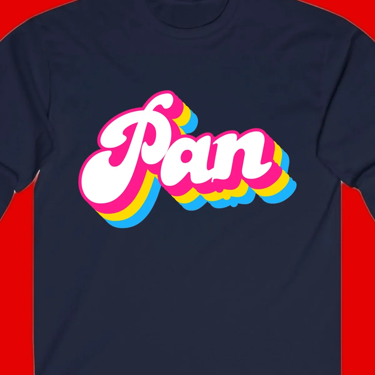 Retro pop art design with 'Pam' in bold white lettering outlined in magenta with layered cyan and yellow scalloped shapes